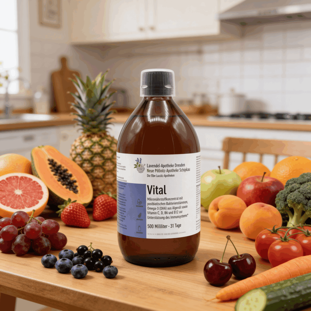 Flasche Vital Mikronährstoffkonzentrat steht auf einem Holztisch mit Obst und Gemüse herum